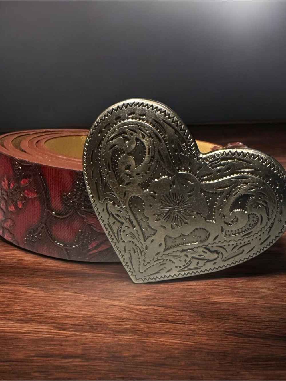 Embroidered Heart Buckle Leather Belt - Red